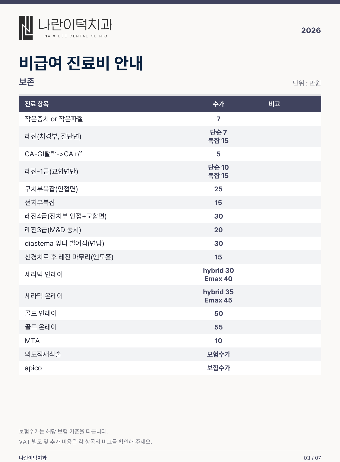 2026 나란이턱치과 비급여 진료비 안내 3 / 7장